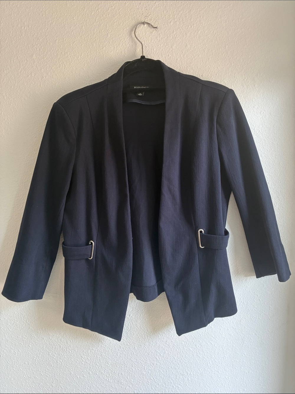 Roz & Ali Navy Open-Front Collarless Blazer with Waist Buckles